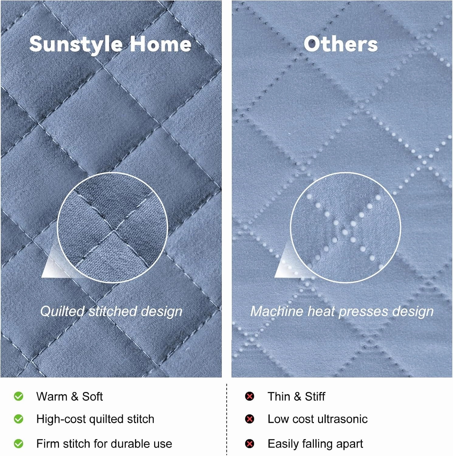 SunStyle Home Queen Quilt Bedding Set Blue, Lightweight Summer Bedspread Blanket Full Queen Size Quilt, Luxury Durable Quilted Stitching Coverlet with 2 Pillow Shams Diamond Pattern All Seasons 3pcs
