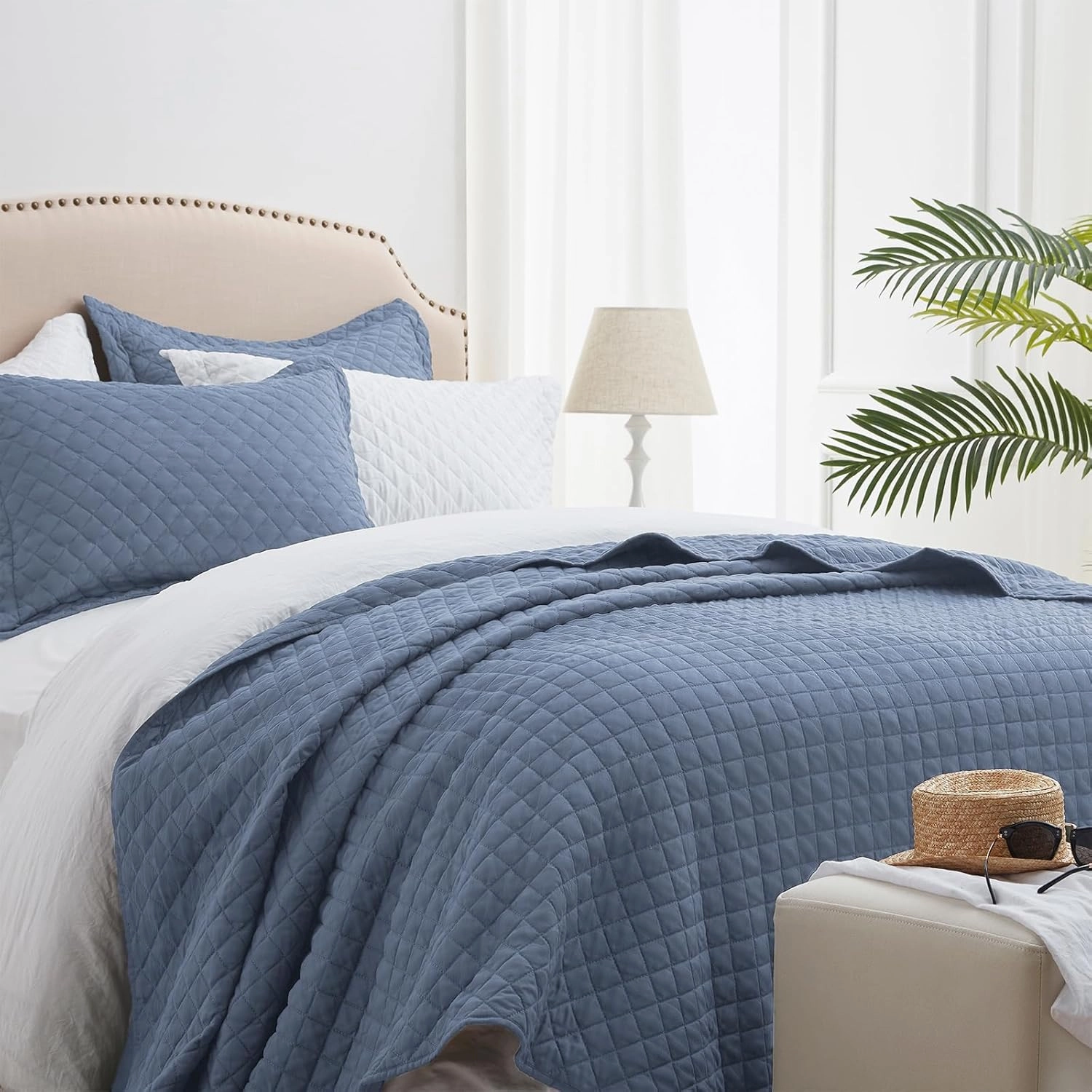 SunStyle Home Queen Quilt Bedding Set Blue, Lightweight Summer Bedspread Blanket Full Queen Size Quilt, Luxury Durable Quilted Stitching Coverlet with 2 Pillow Shams Diamond Pattern All Seasons 3pcs