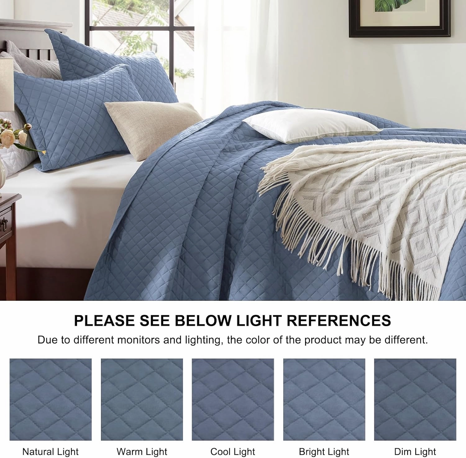 SunStyle Home Queen Quilt Bedding Set Blue, Lightweight Summer Bedspread Blanket Full Queen Size Quilt, Luxury Durable Quilted Stitching Coverlet with 2 Pillow Shams Diamond Pattern All Seasons 3pcs