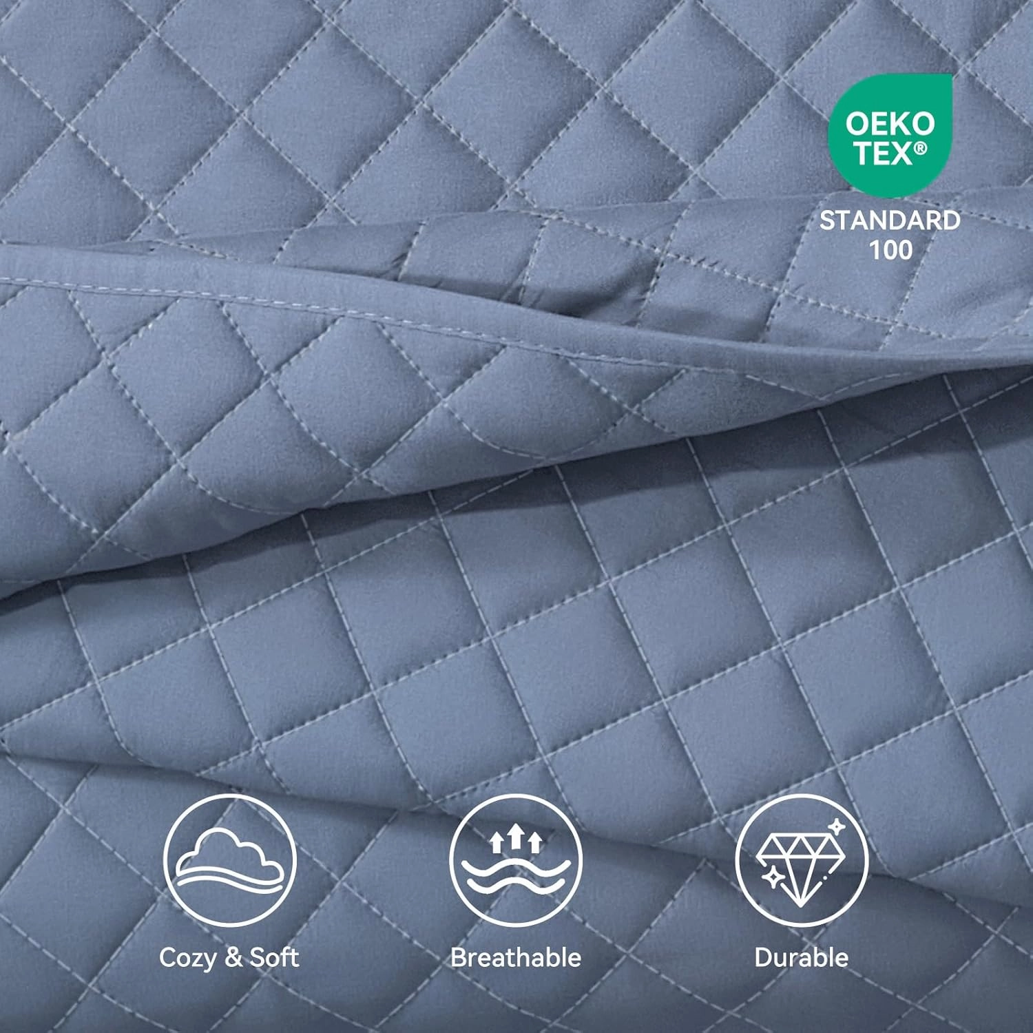 SunStyle Home Queen Quilt Bedding Set Blue, Lightweight Summer Bedspread Blanket Full Queen Size Quilt, Luxury Durable Quilted Stitching Coverlet with 2 Pillow Shams Diamond Pattern All Seasons 3pcs