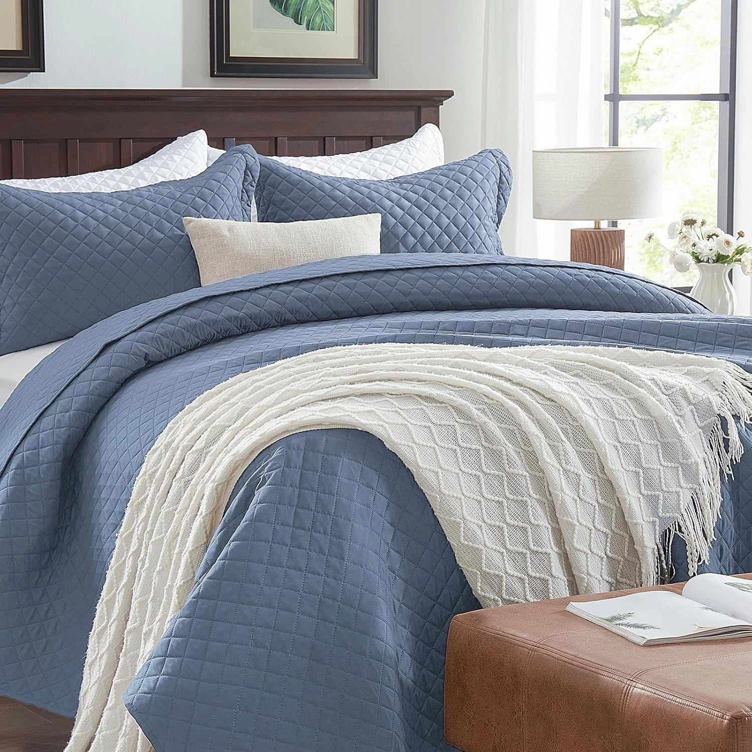 SunStyle Home Queen Quilt Bedding Set Blue, Lightweight Summer Bedspread Blanket Full Queen Size Quilt, Luxury Durable Quilted Stitching Coverlet with 2 Pillow Shams Diamond Pattern All Seasons 3pcs