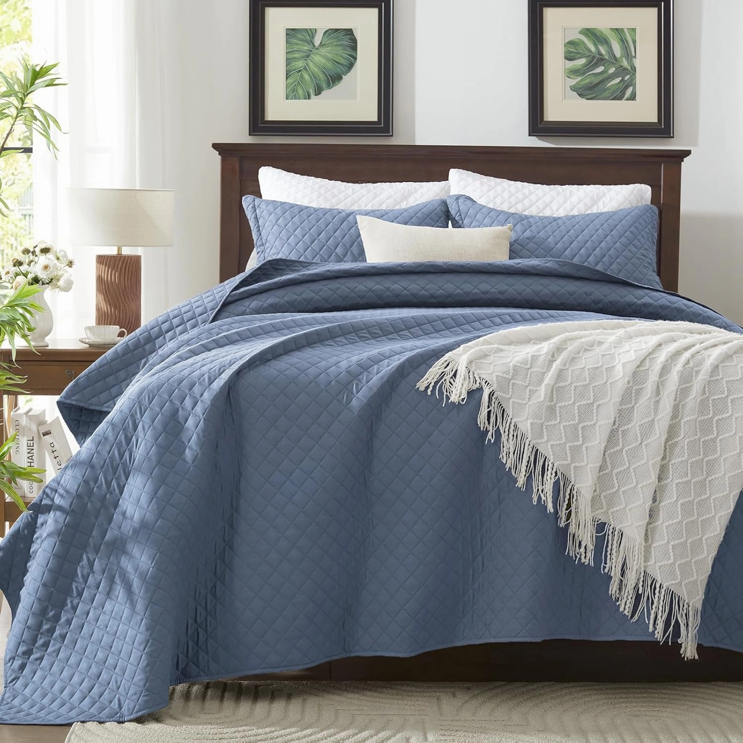 SunStyle Home Queen Quilt Bedding Set Blue, Lightweight Summer Bedspread Blanket Full Queen Size Quilt, Luxury Durable Quilted Stitching Coverlet with 2 Pillow Shams Diamond Pattern All Seasons 3pcs