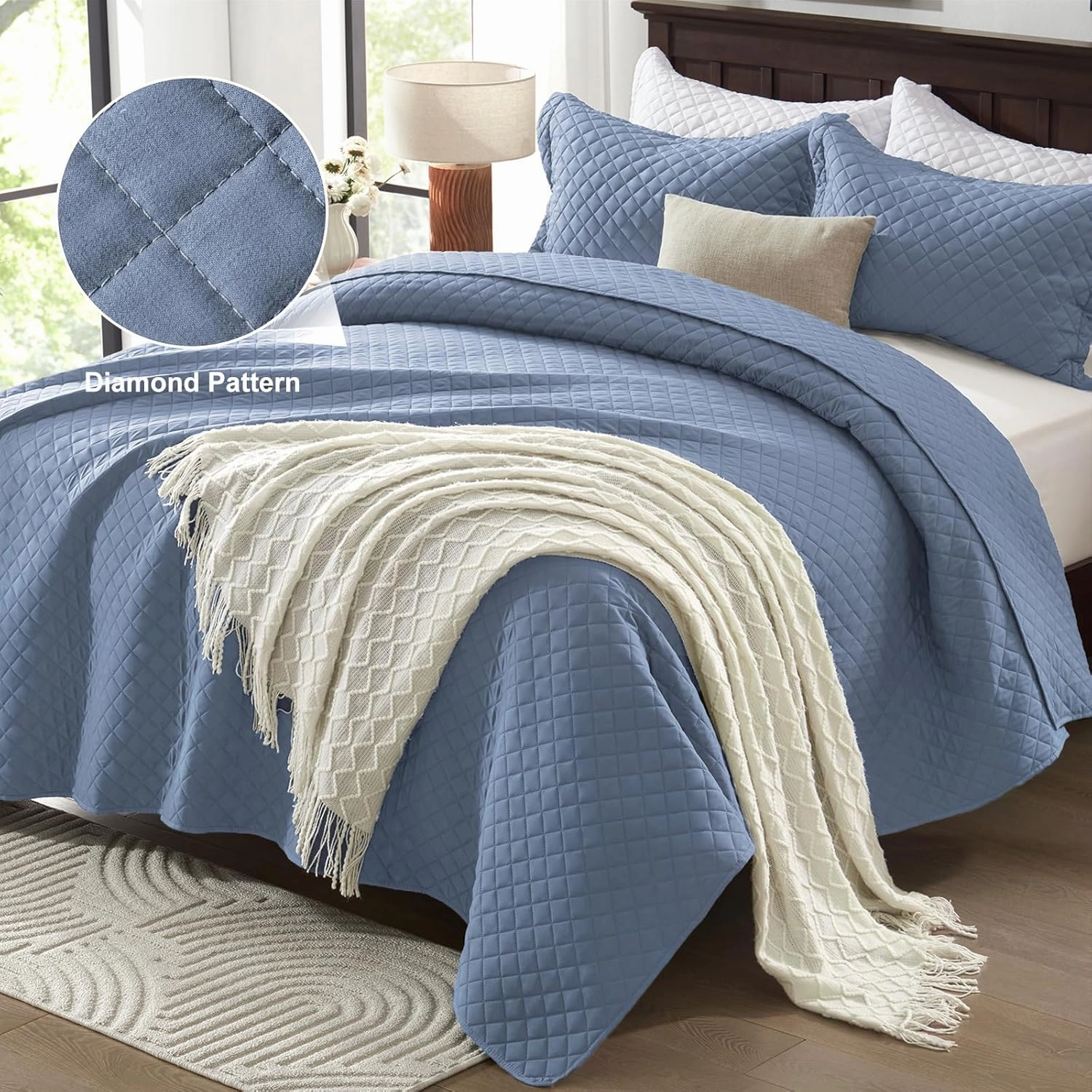 SunStyle Home Queen Quilt Bedding Set Blue, Lightweight Summer Bedspread Blanket Full Queen Size Quilt, Luxury Durable Quilted Stitching Coverlet with 2 Pillow Shams Diamond Pattern All Seasons 3pcs