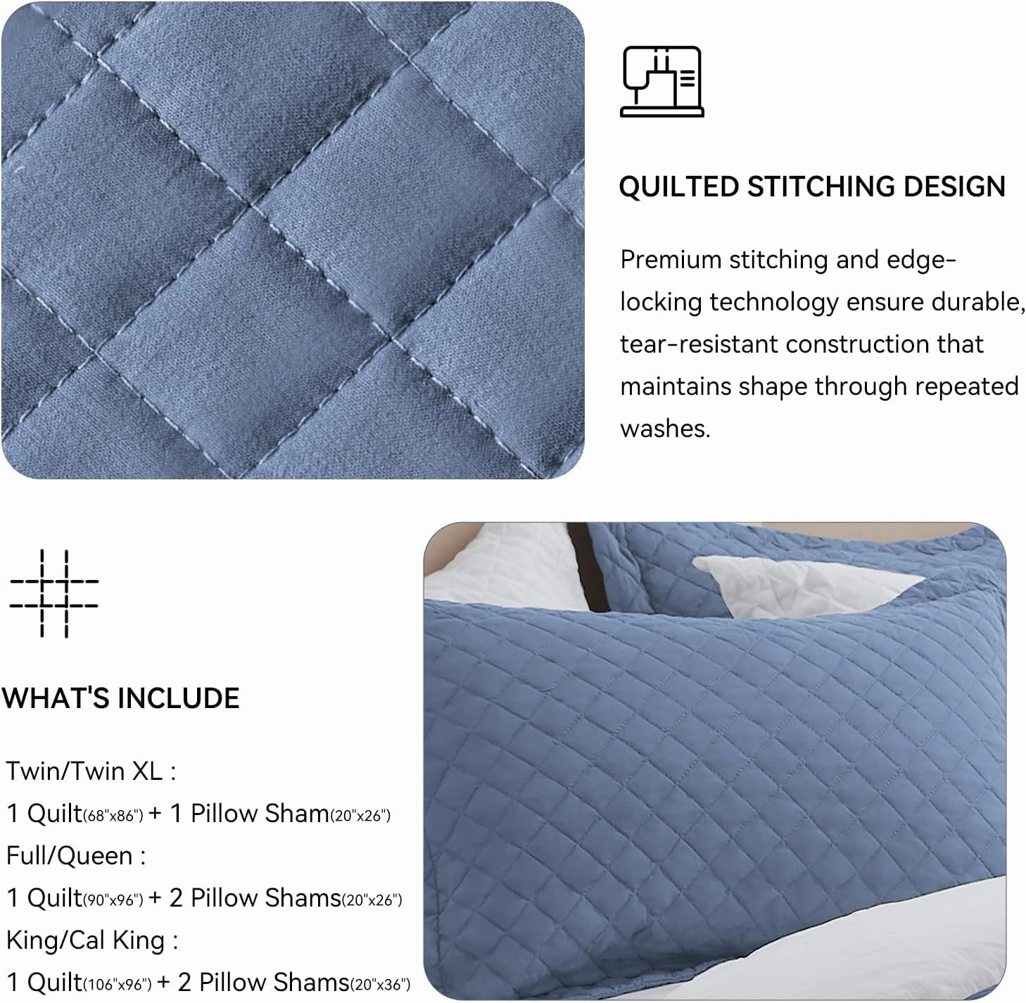 SunStyle Home Queen Quilt Bedding Set Blue, Lightweight Summer Bedspread Blanket Full Queen Size Quilt, Luxury Durable Quilted Stitching Coverlet with 2 Pillow Shams Diamond Pattern All Seasons 3pcs