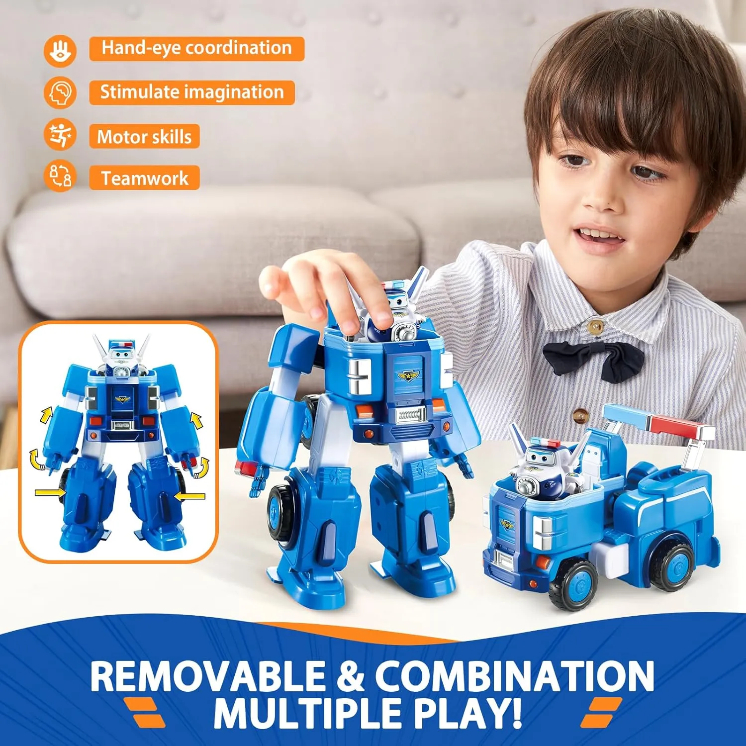 Super Wings Transformable Toys, 7" Paul Robot Suit and 2” Scale Transforming Paul Mini Action Figure,2-in-1 Mode Vehicle and Robot,Fire Truck Toy Vehicle Playset for Kids 3 ,Gifts for Boys and Girls