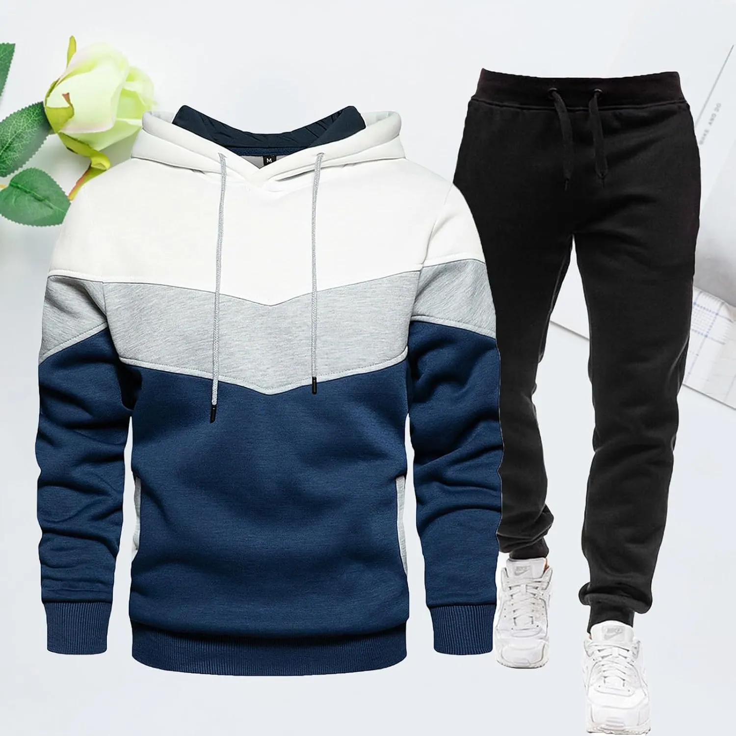 Sweatshirt 2 Piece Set for Men Fashion Color Matching Drawstring Long Sleeve Pullover Top Jogging Pants Sport Outfits