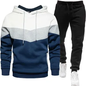 Sweatshirt 2 Piece Set for Men Fashion Color Matching Drawstring Long Sleeve Pullover Top Jogging Pants Sport Outfits
