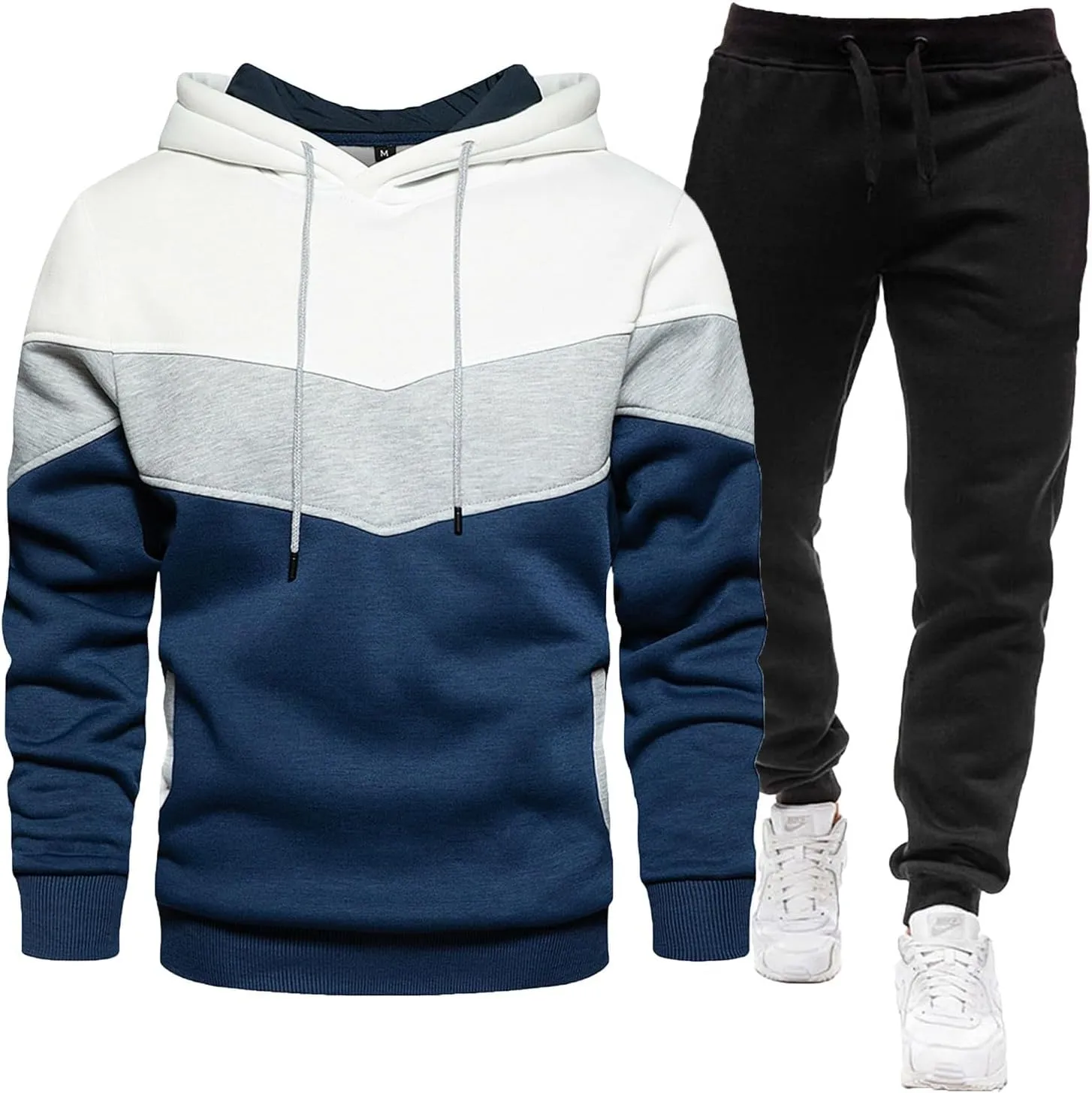 Sweatshirt 2 Piece Set for Men Fashion Color Matching Drawstring Long Sleeve Pullover Top Jogging Pants Sport Outfits
