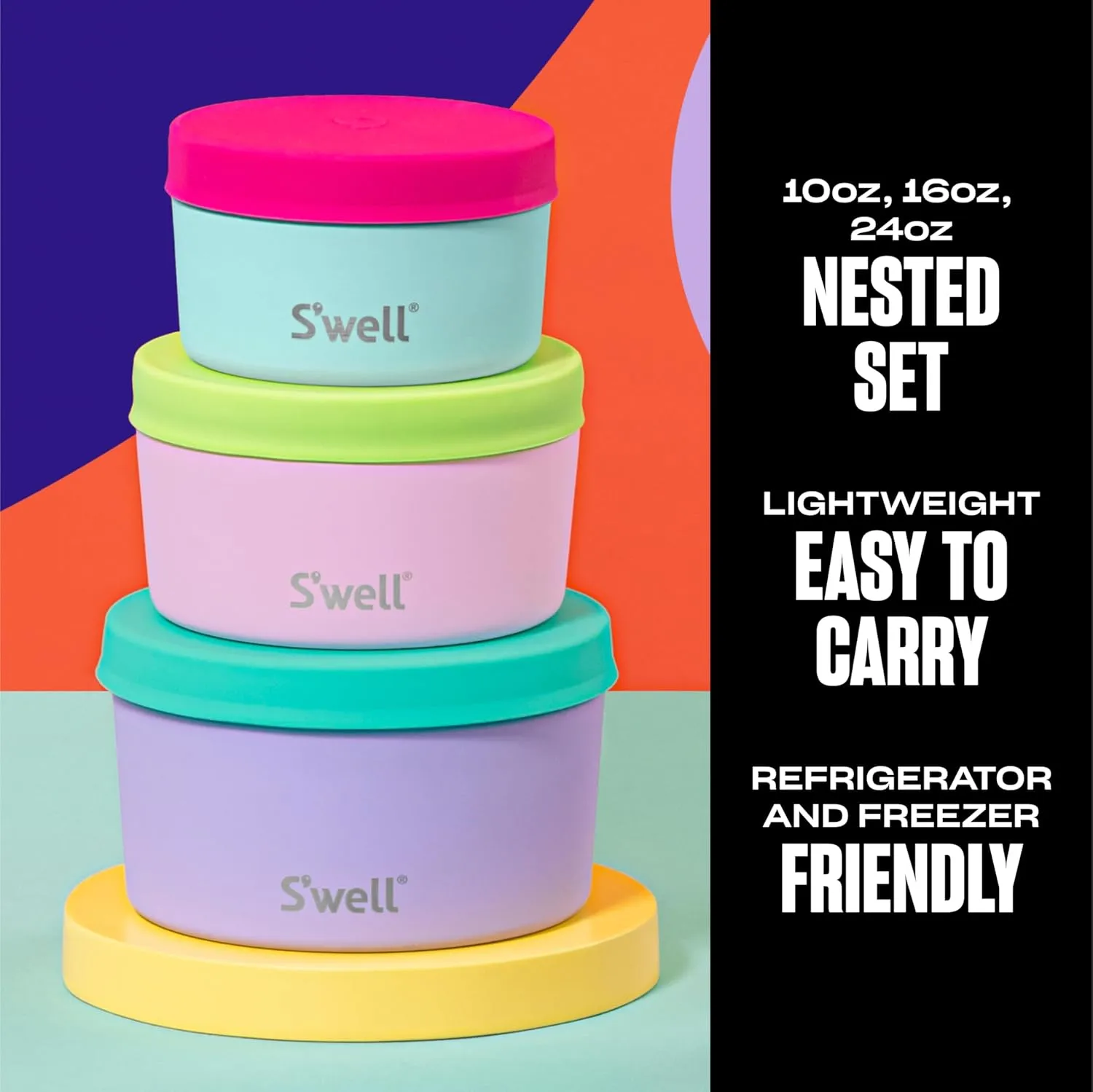 S'well Stainless Steel Food Canister Set Of Three, 10oz, 16oz, and 24oz, Pastel Paradise, Single Walled Durable Construction, BPA Free, Dishwasher Safe
