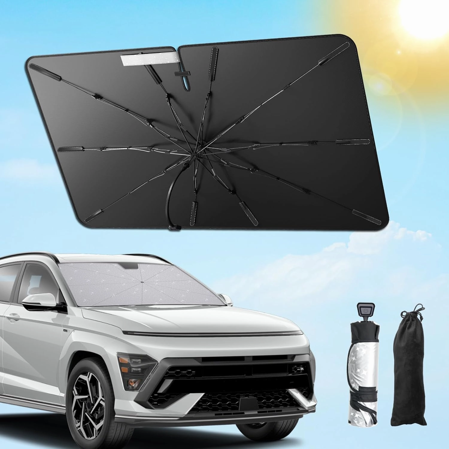 SXCY for 2024 2025 Hyundai Kona Windshield Umbrella Sunshade [Easier Foldable] for 2024 2025 Hyundai Kona Accessories 2025 Kona Sunshade Umbrella 2025 Kona Windshield Umbrella Sun Shade