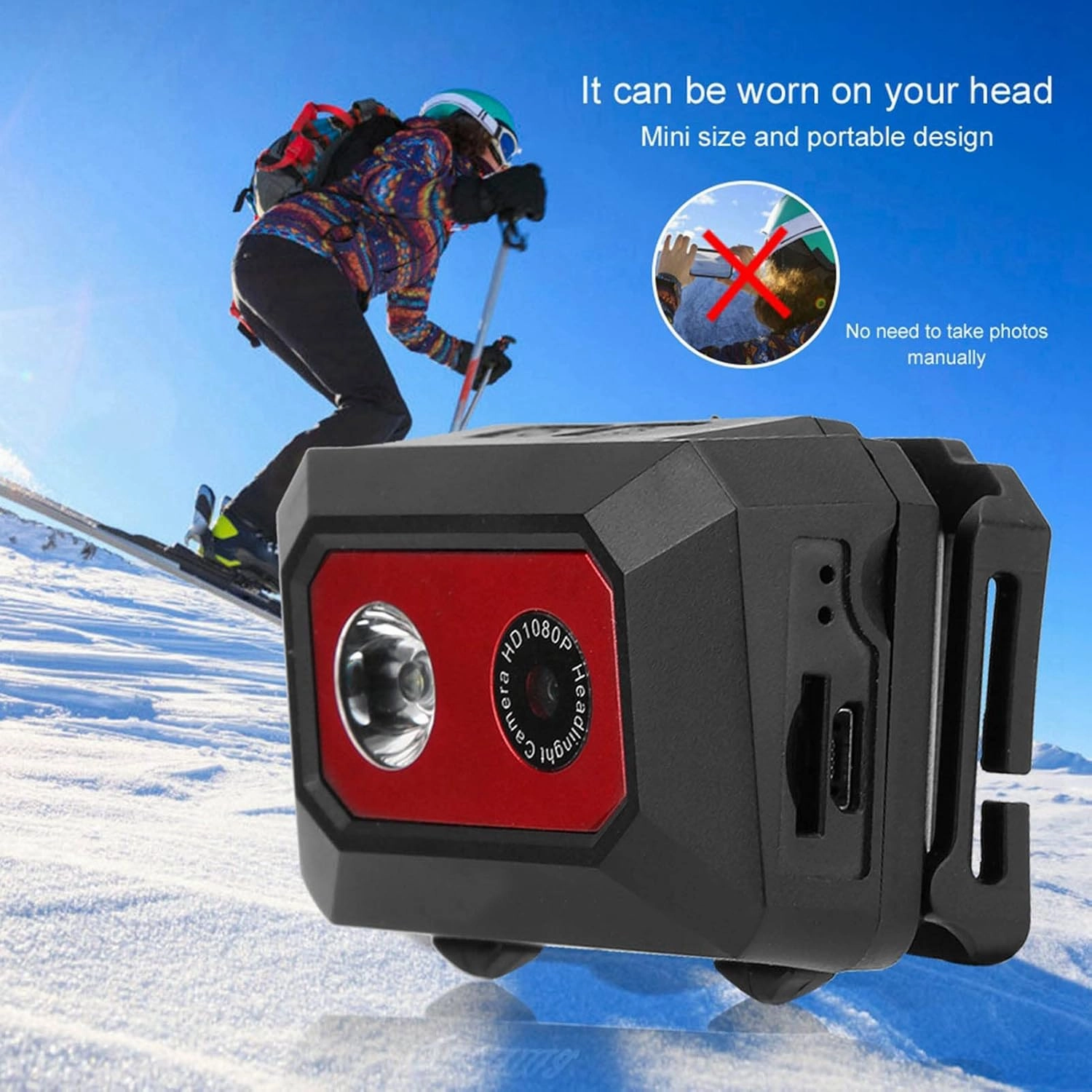 SYH&AQYE Head Mounted Camera, Portable HD 1080P Action Video Camcorder, 120°Wide Angle, Support 32G TF Card, Mini Camera with LED Headlight for Car Home Outdoor Sports(Red)