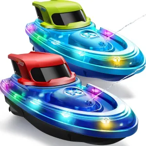 SYMA RC Boats 2 Pack for Kids 8-12, Remote Control Racing Boat Set for Pool with LED Lights, 40 Mins Playtime (2 Batteries) & One-Key Water Spray, Summer Gifts Toys for Boys and Girls