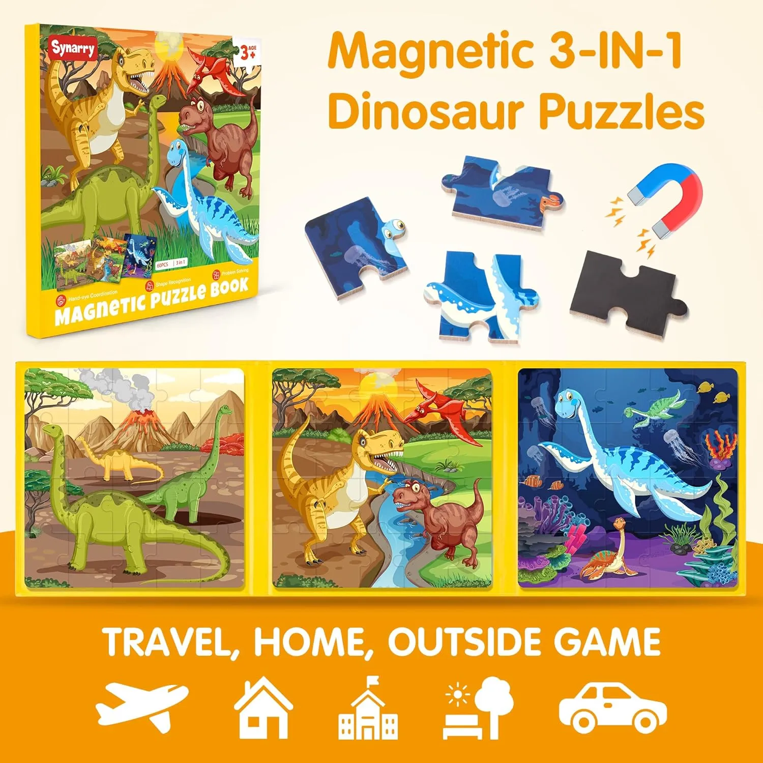SYNARRY Magnetic Dinosaur Puzzles for Kids Ages 3-5, 20 Pieces Puzzles for Toddlers 2-4, Children Travel Activity Toys Games Gifts for Kids Boys Girls Ages 3 4 5 in Car Airplane Magnet for Road Trip