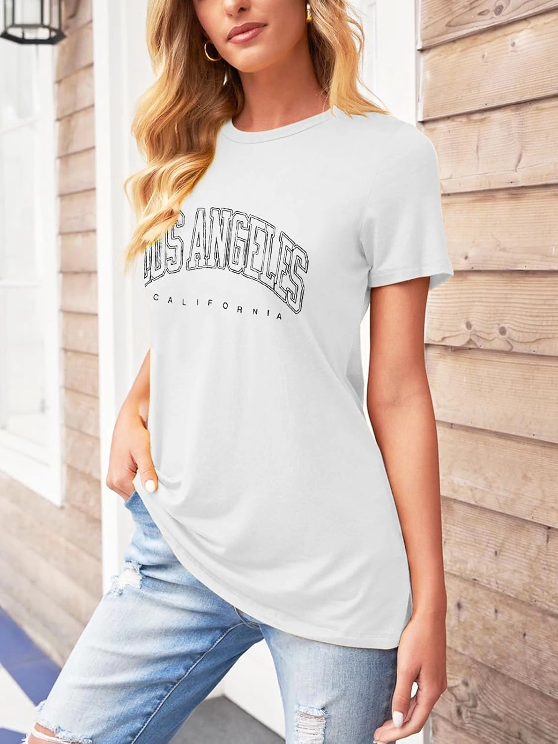 TAKEYAL Women Los Angeles Graphic T Shirts California Letter Print Short Sleeve Tee Loose Casual Tops