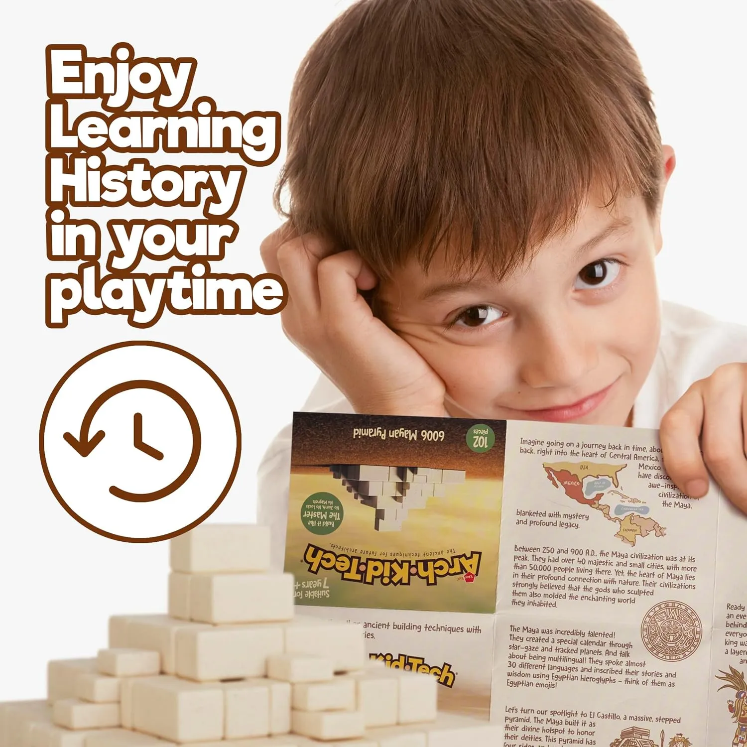 Taksa Toys Arch-Kid-Tech Ancient Mayan Pyramid Architecture STEM Building Blocks - 102-Piece Educational & Stackable Learning Set for Kids, Indoor Architectural Kit - Montessori Toys for 7  Years Old