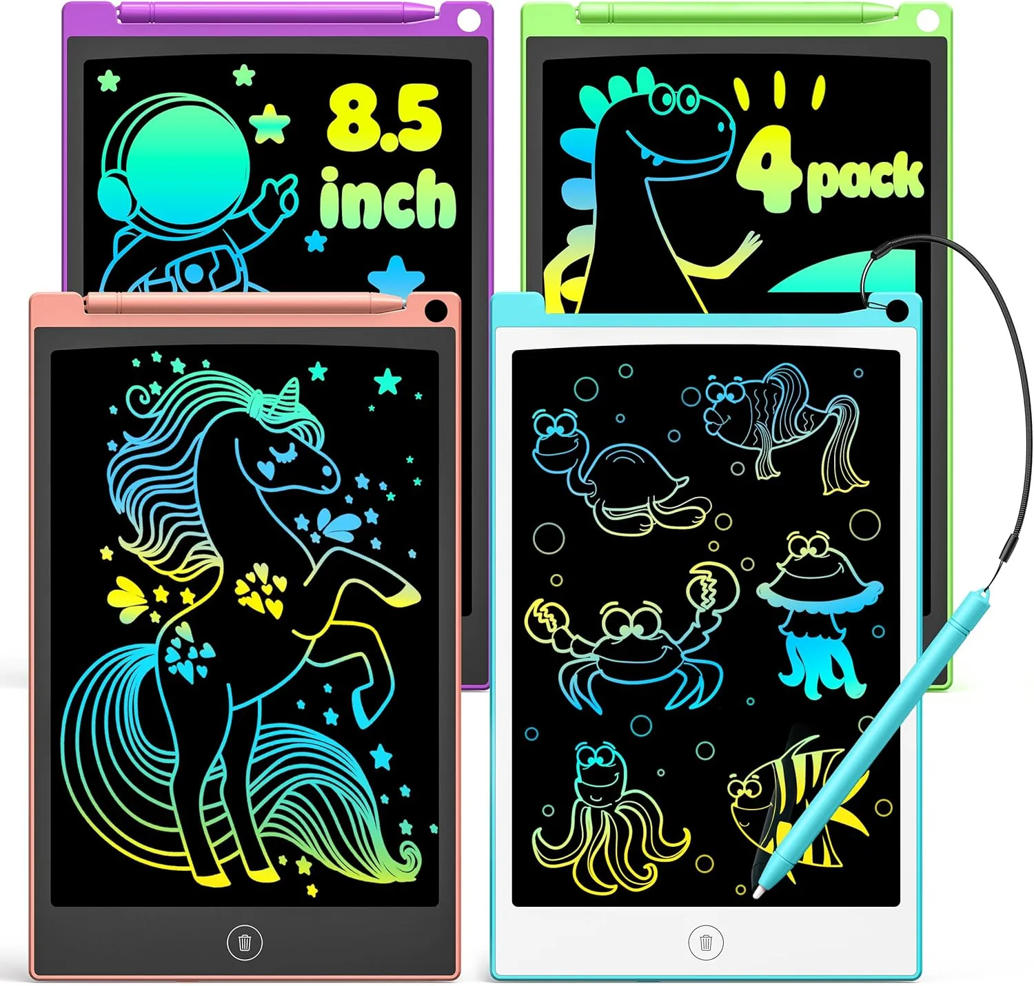 TECJOE 4 Pack LCD Writing Tablet, 8.5 Inch Colorful Doodle Board Drawing Tablet for Kids, Christmas Stocking Stuffers Birthday Gifts Travel Games Toys for Age 3 4 5 6 Boys Girls Toddles Preschooler