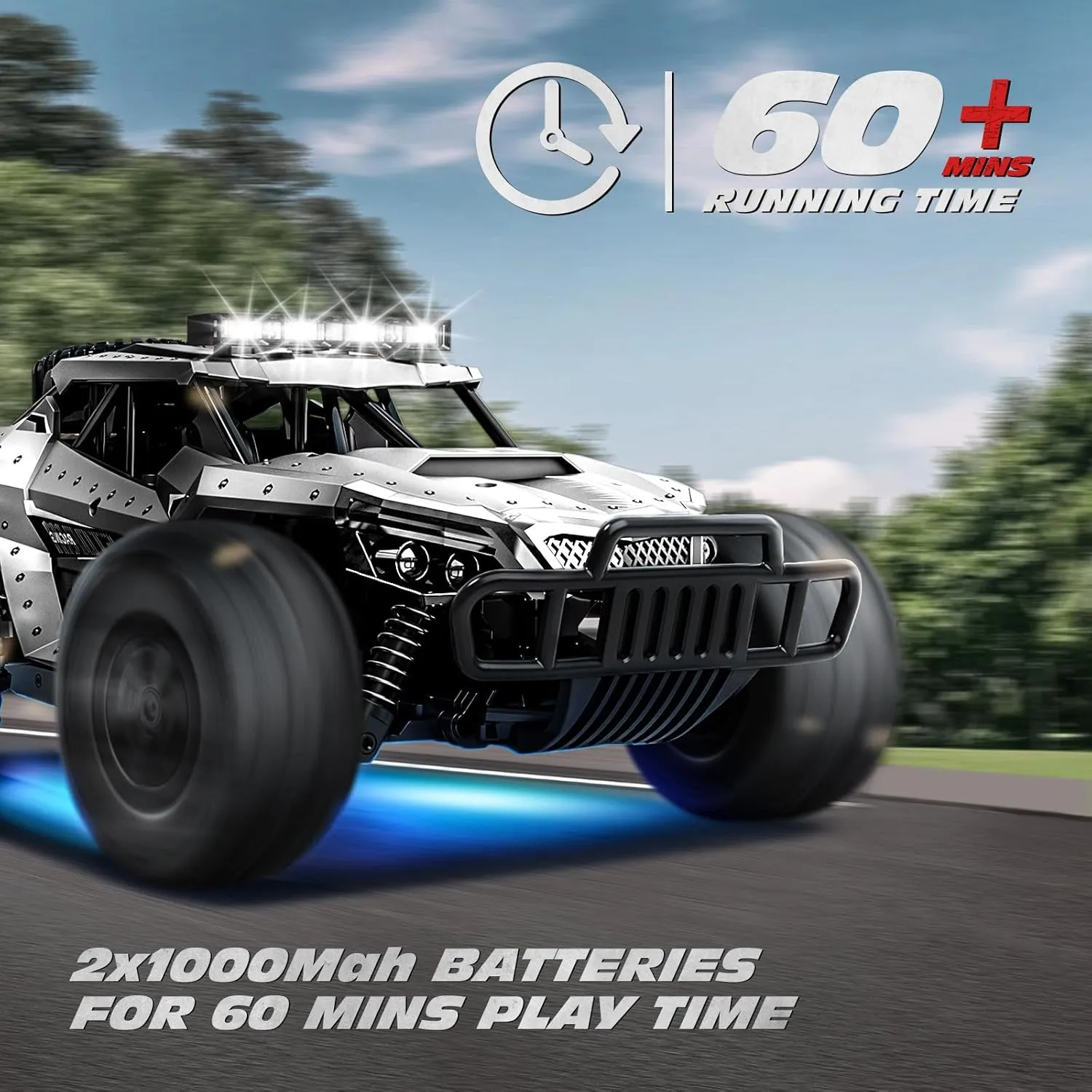 Tecnock RC Car 1/16 Scale Remote Control Car for Boys, High Speed 20 Km/h All Terrains Rc Monster Truck with Two Rechargeable Batteries & Head Chassis Lights Gift Toy for Kids Adults, Silver