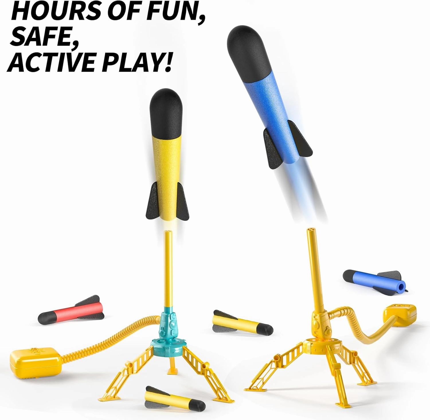 TEMI 2 Pack Rocket Launcher, 12 Foam Rockets and 2 Launcher Pads, Launch up to 100 ft, Outdoor Toys, Birthday Gift for Kids Boys and Girls Age 3-8