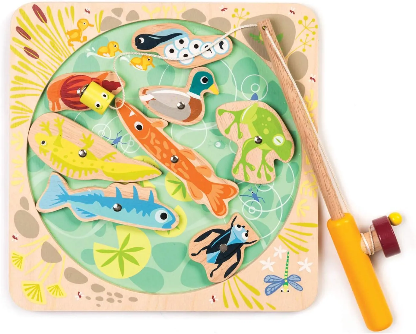 Tender Leaf Toys - Pond Dipping - Wooden Magnetic Fishing Toy for Kids - Length Adjustable Fishing Rod and 8 Pond Animals with Numbers at the Back - Develops Fine Motor Skills, Early Learning - Age 3 
