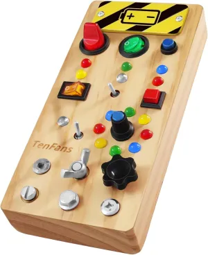 TenFans Montessori Busy Board with 8 LED Light Modes - Sensory Toys for 1-3 Year Olds & Airplane Travel, Wooden Activity Board Develops Fine Motor Skills