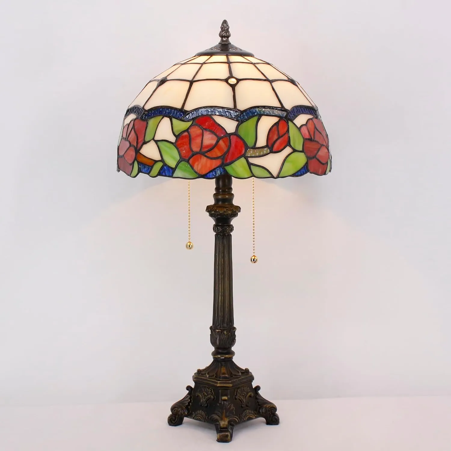 Tiffany Lamp Rose Flower Style Stained Glass Table Lamp Desk Reading Light 12X12X21 Inches with Resin Base Decor Bedroom Living Room