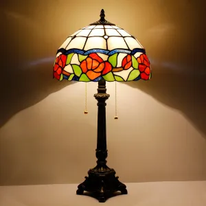 Tiffany Lamp Rose Flower Style Stained Glass Table Lamp Desk Reading Light 12X12X21 Inches with Resin Base Decor Bedroom Living Room