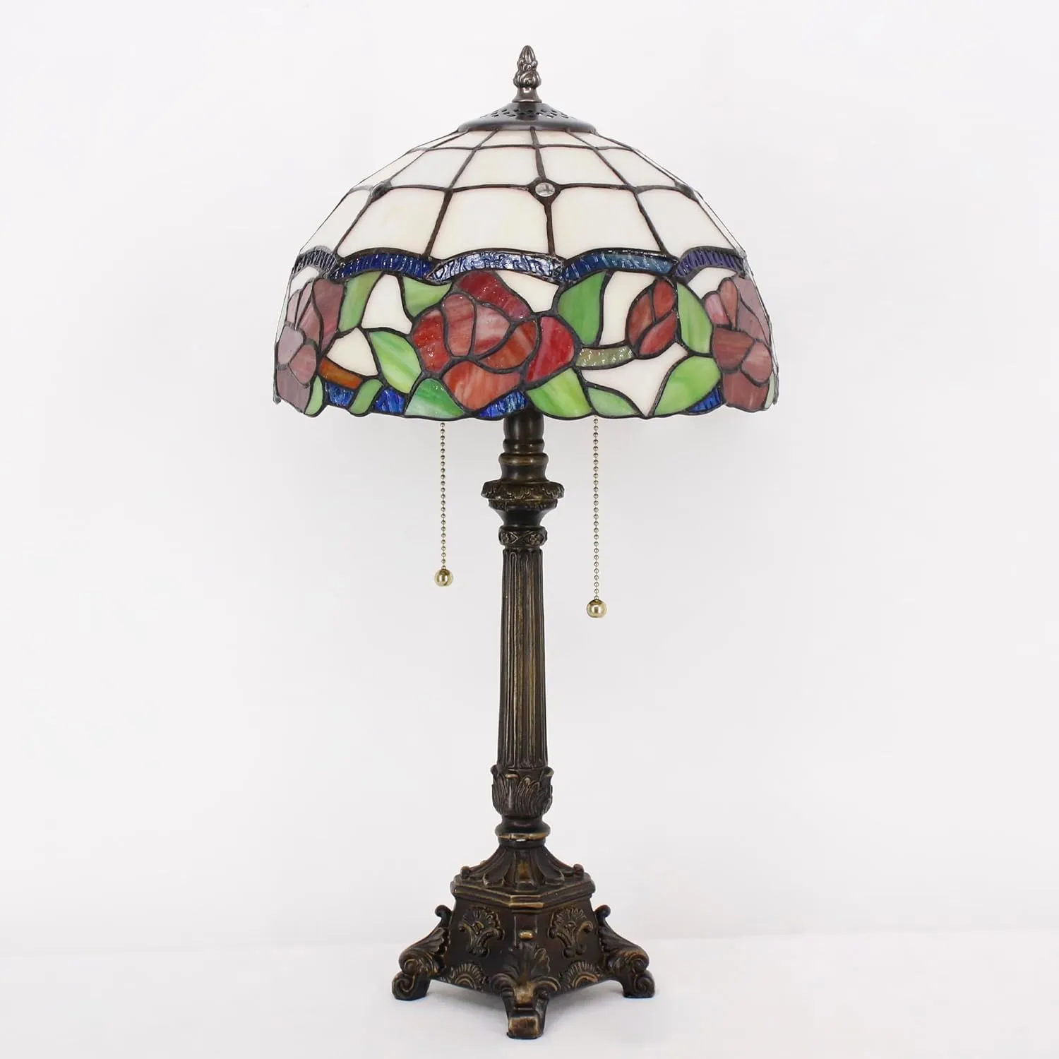 Tiffany Lamp Rose Flower Style Stained Glass Table Lamp Desk Reading Light 12X12X21 Inches with Resin Base Decor Bedroom Living Room