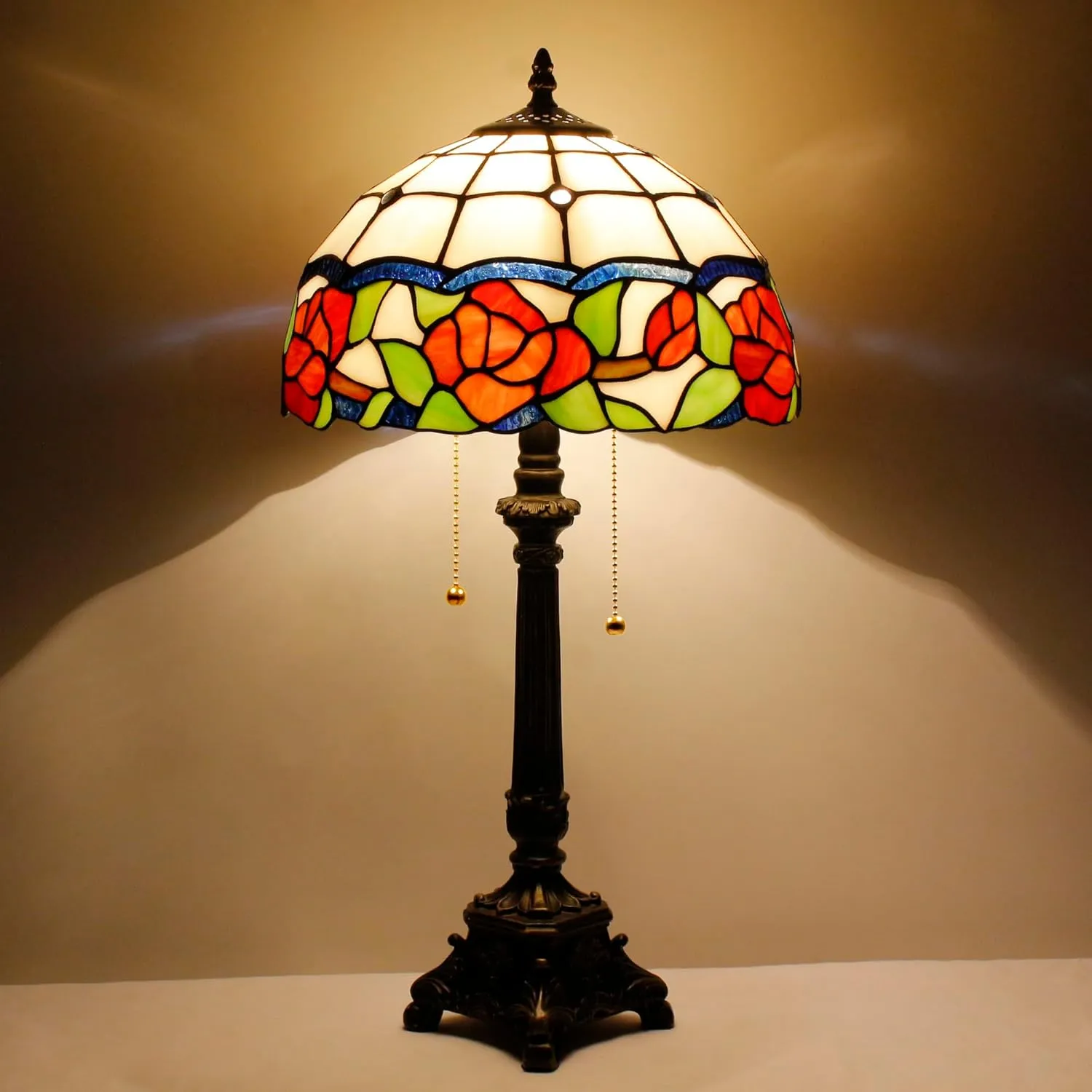 Tiffany Lamp Rose Flower Style Stained Glass Table Lamp Desk Reading Light 12X12X21 Inches with Resin Base Decor Bedroom Living Room
