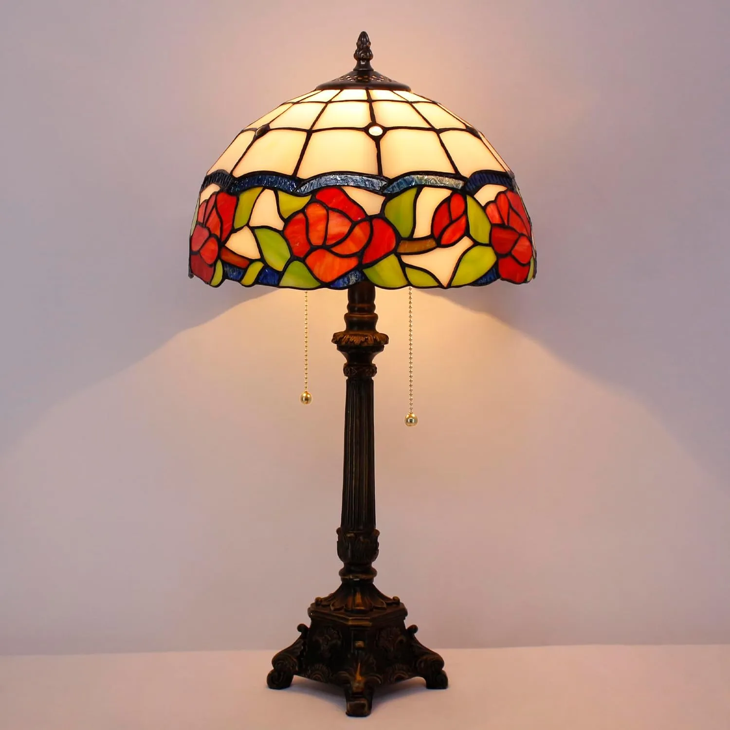 Tiffany Lamp Rose Flower Style Stained Glass Table Lamp Desk Reading Light 12X12X21 Inches with Resin Base Decor Bedroom Living Room