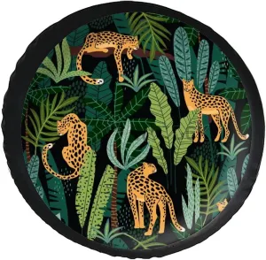 Tigers Leopard in Jungle Palm Tree Leaf Travel Trailer Camper Truck SUV Motorhome Waterproof Wheel Cover, Sun Rain Snow Protector 28inch