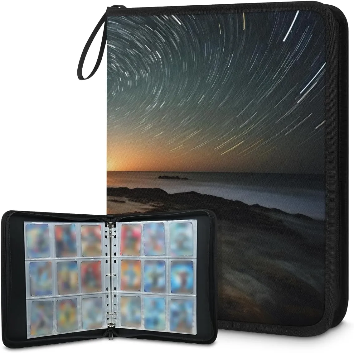Time-Lapse Starry Sky 3 Ring Trading Zipper Binder Strap, Trading Card Binder 4 Pocket, 400 Pockets Card Holder with 50 Removable Sleeves for Game Cards