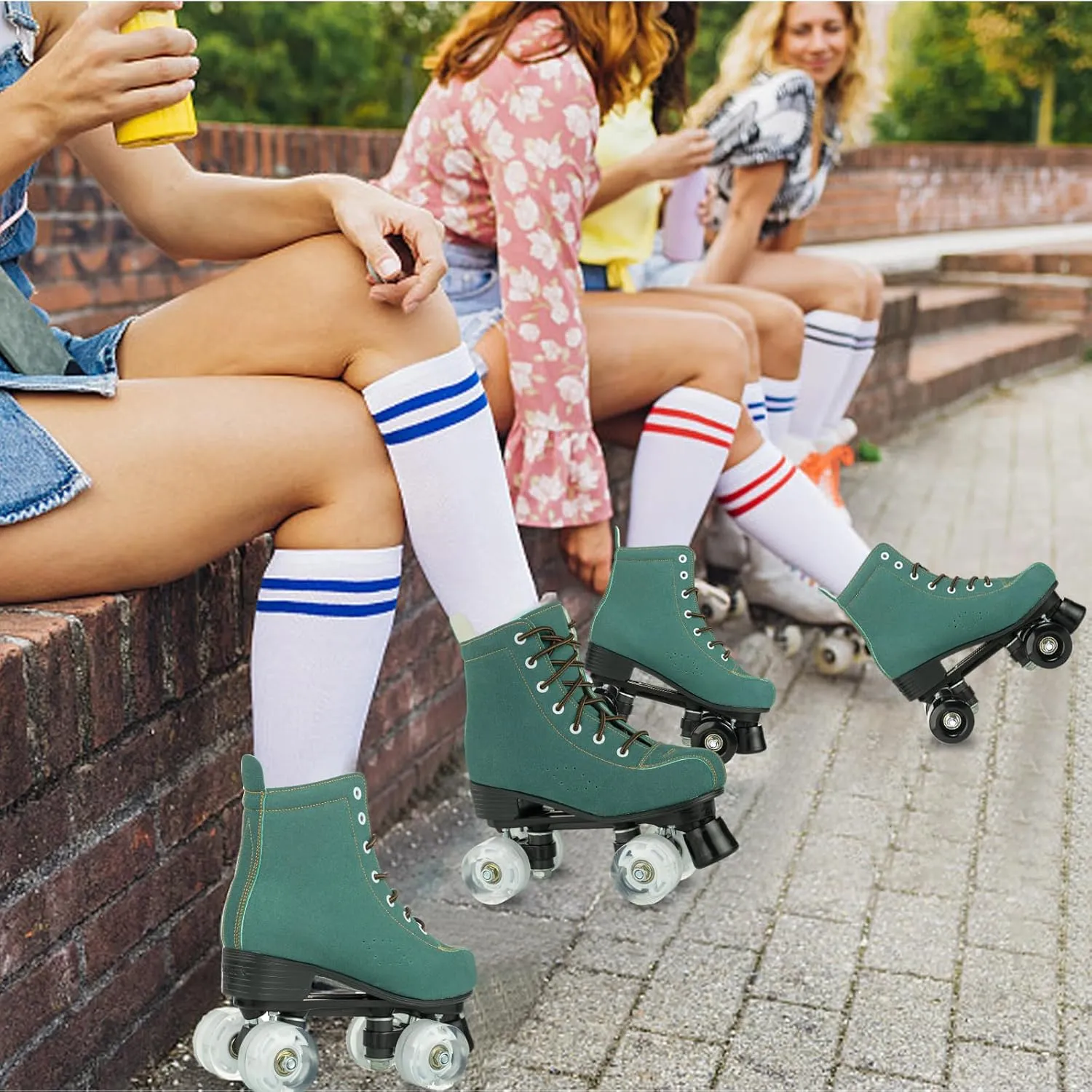 Tmore Roller Skates for Women and Men, Classic Double-Row Indoor Outdoor Roller Skates High-Top Premium PU Leather Adjustable Light Up Four-Wheel Unisex Quad Roller Skates for Beginner Girls Boys