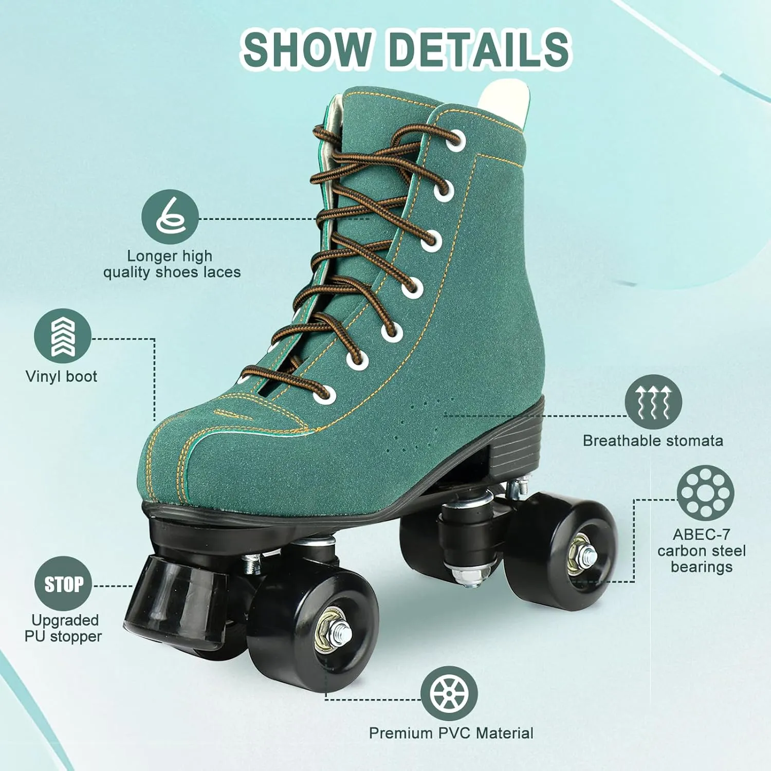 Tmore Roller Skates for Women and Men, Classic Double-Row Indoor Outdoor Roller Skates High-Top Premium PU Leather Adjustable Light Up Four-Wheel Unisex Quad Roller Skates for Beginner Girls Boys