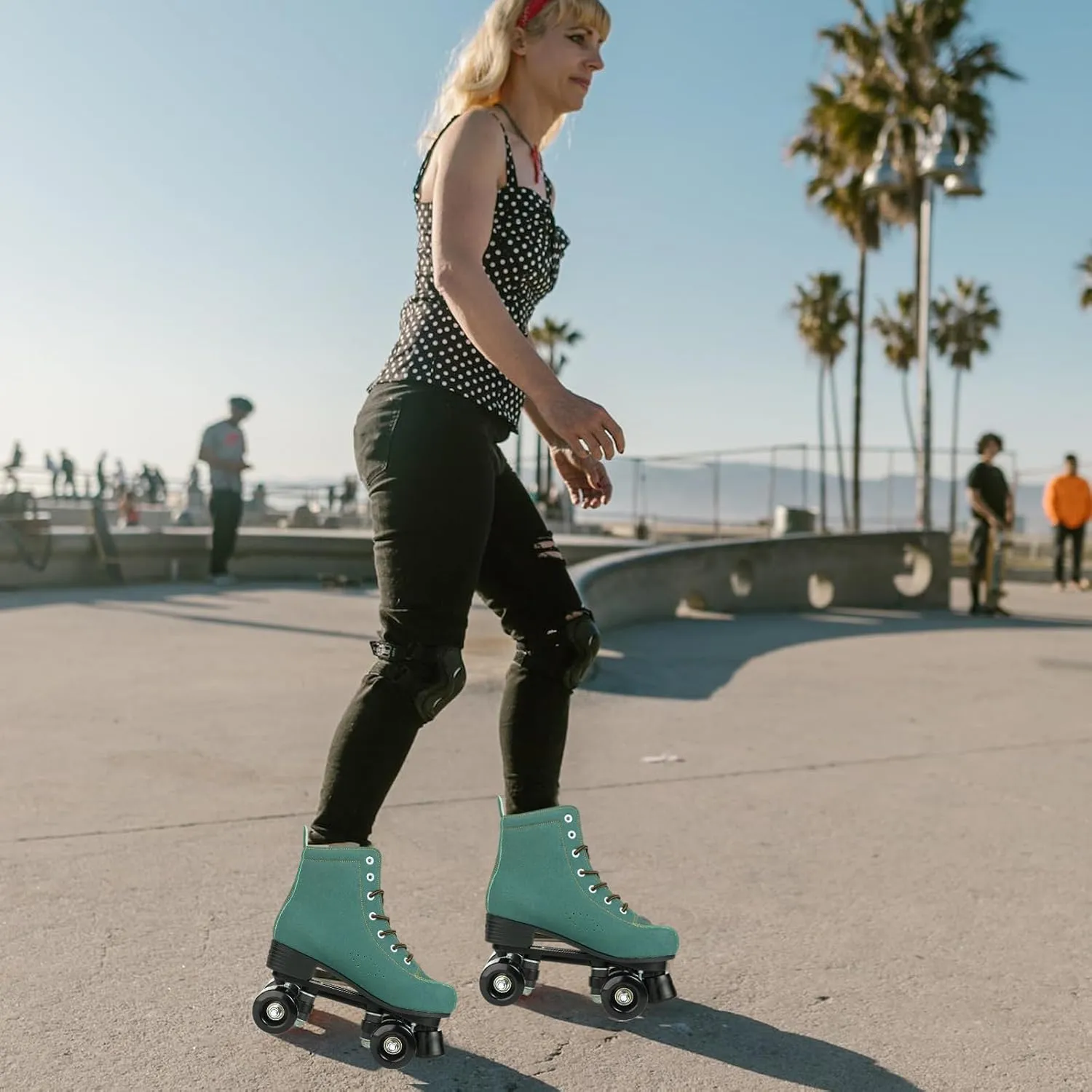 Tmore Roller Skates for Women and Men, Classic Double-Row Indoor Outdoor Roller Skates High-Top Premium PU Leather Adjustable Light Up Four-Wheel Unisex Quad Roller Skates for Beginner Girls Boys