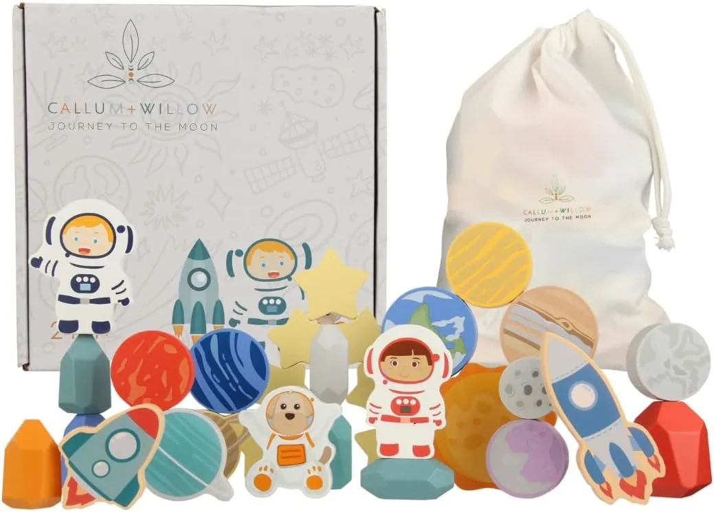 Toddler 30 Piece Stacking Wood Blocks Space Gift - Montessori 2 Year Old Fine Motor Skills Toy Learning Stacking Shape Sorter Sensory Preschool Busy Journey to the Moon (Block Set, Wood)