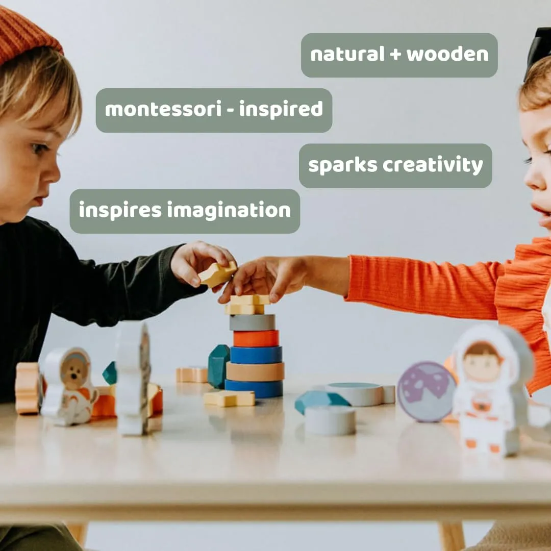 Toddler 30 Piece Stacking Wood Blocks Space Gift - Montessori 2 Year Old Fine Motor Skills Toy Learning Stacking Shape Sorter Sensory Preschool Busy Journey to the Moon (Block Set, Wood)