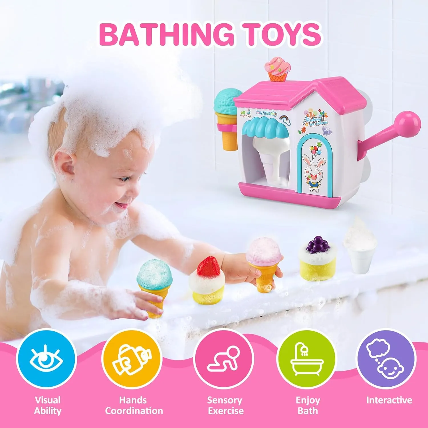 Toddler Bath Toys for 3 4 5 6 7 8 Years Old Girls, Bubble Ice Cream Maker Bath Toy, Shower Toys, Toddler Bath Toys Age 2-4, Bathtub Bubble Machine, Toy for 3 4 5 6 7 8 Years Old Boys Girls