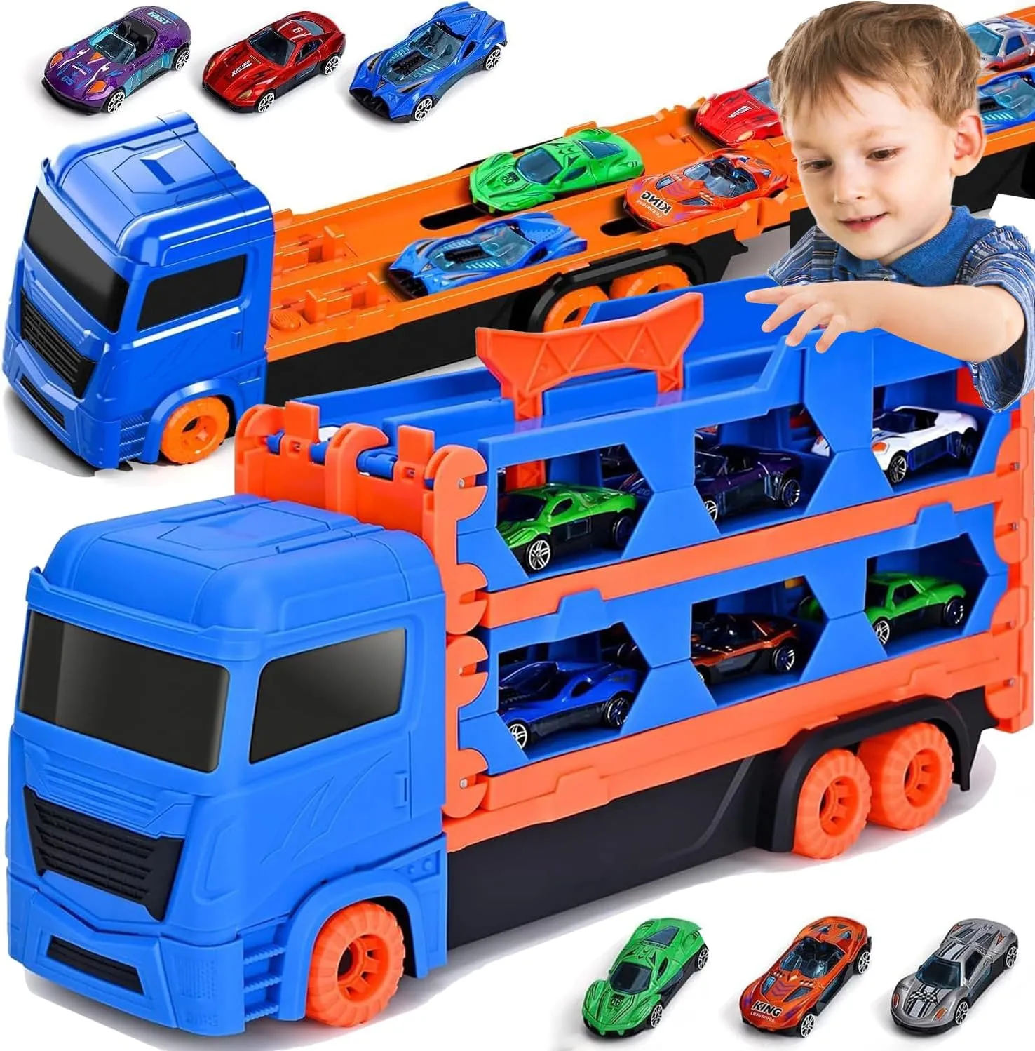 Toddler Boy Toys for 2 3 4 5 6 Years Old Boy Gifts: 65 Inches Race Track for Boys Kids Die-Cast Transport Truck Car Toy, Toddler Car Toys Set for Kids Boys