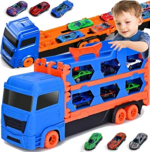 Toddler Boy Toys for 2 3 4 5 6 Years Old Boy Gifts: 65 Inches Race Track for Boys Kids Die-Cast Transport Truck Car Toy, Toddler Car Toys Set for Kids Boys
