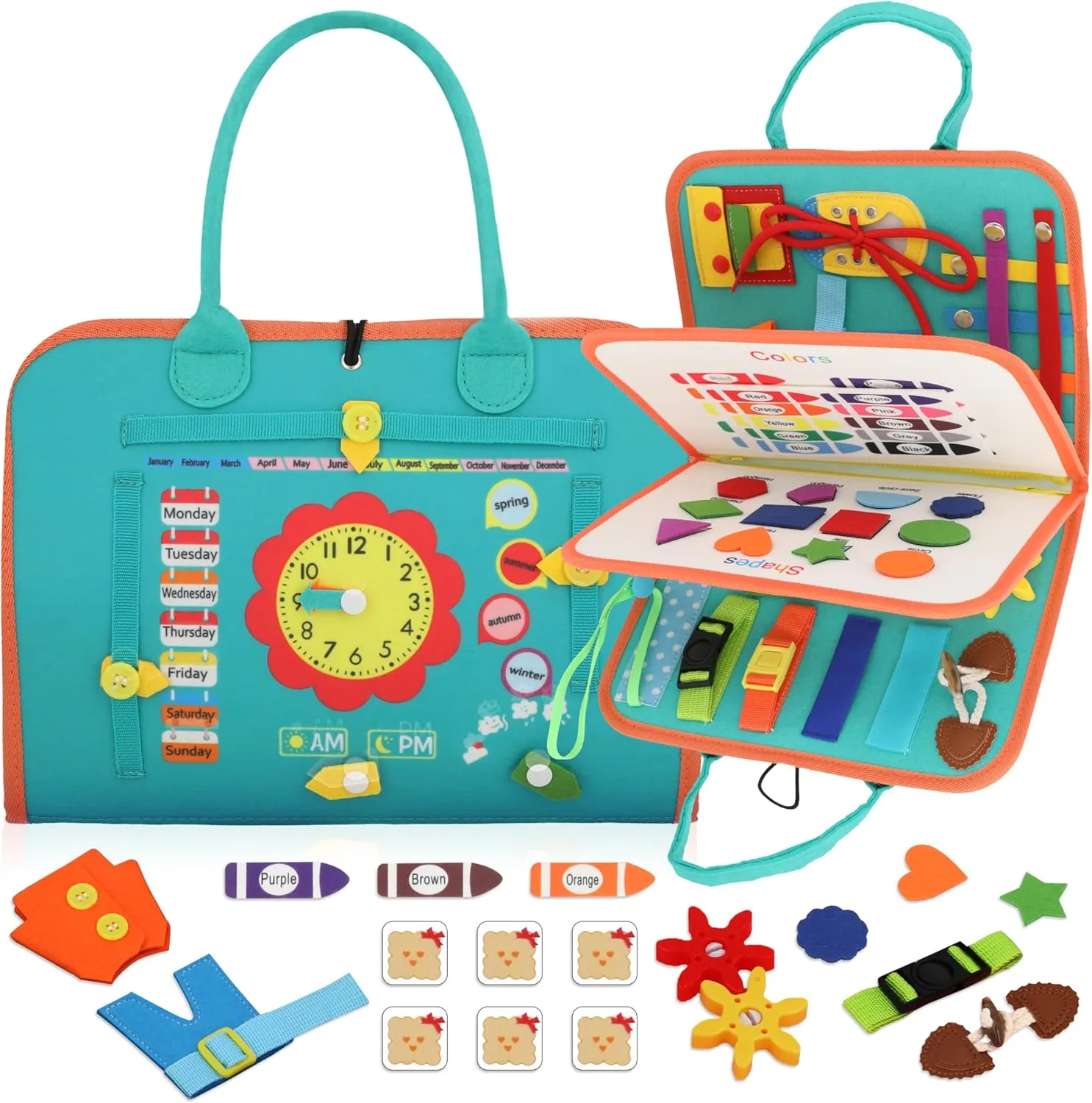 Toddler Busy Book – Interactive Sensory Book, Educational Busy Book for Toddlers 3 , Toddler Activity Book for Fine Motor Skills, Portable Baby Busy Book, Gift for Boys and Girls Aged 3  (Turquiose)