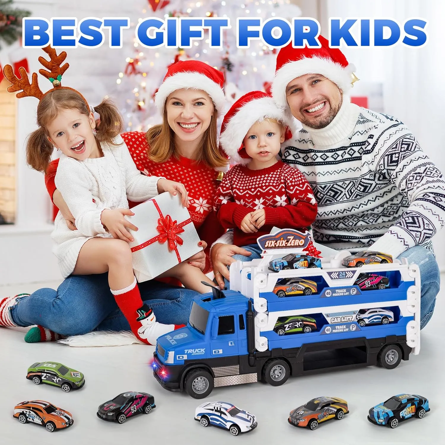 Toddler Car Carrier Truck Toys with 55-Inch Foldable Race Track,Light&Sound,6 Toy Cars in, Ejection Race Mode, Best Christmas Birthday Gift for 3 4 5 6 Boys Kids (Blue)