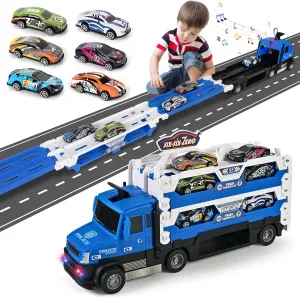 Toddler Car Carrier Truck Toys with 55-Inch Foldable Race Track,Light&Sound,6 Toy Cars in, Ejection Race Mode, Best Christmas Birthday Gift for 3 4 5 6 Boys Kids (Blue)