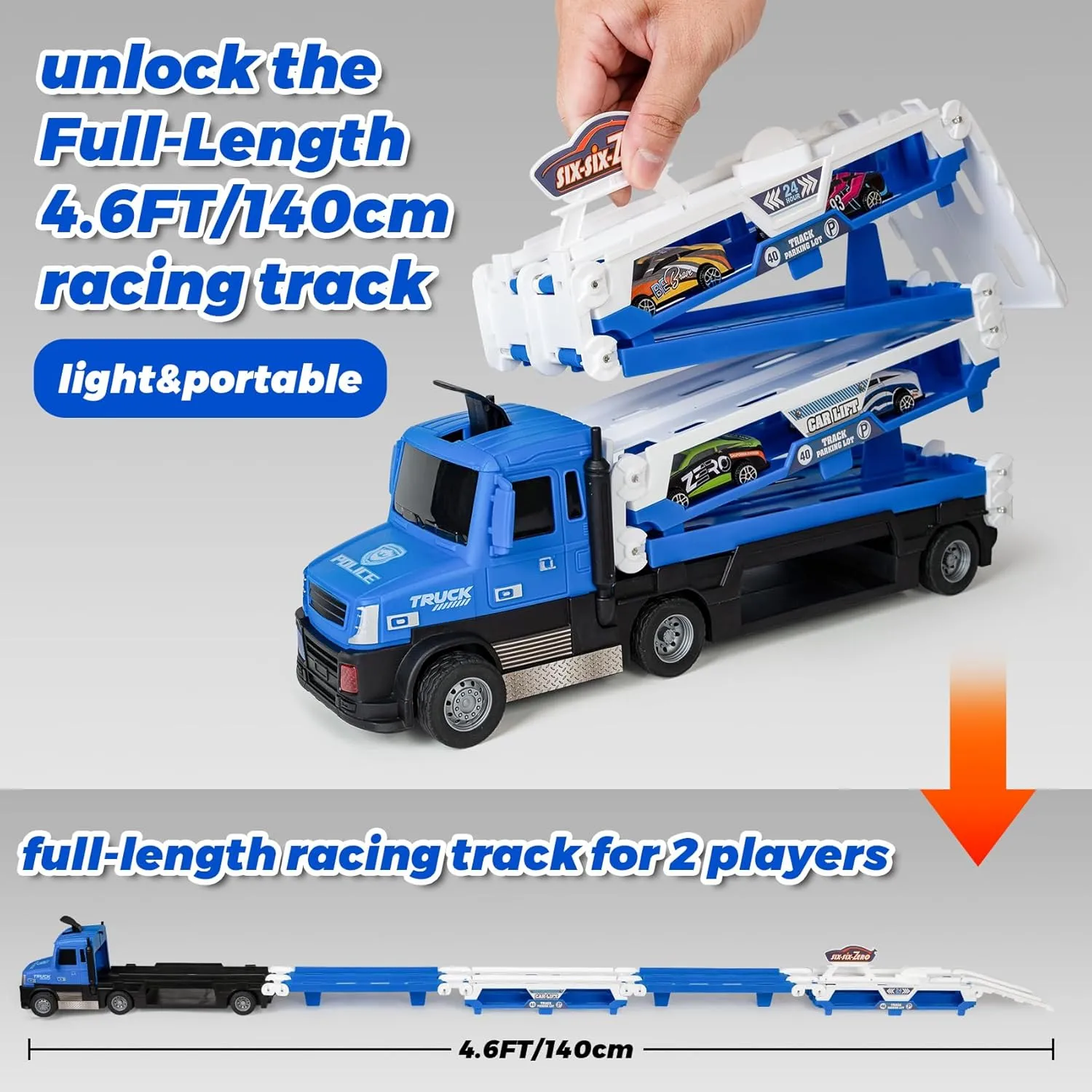 Toddler Car Carrier Truck Toys with 55-Inch Foldable Race Track,Light&Sound,6 Toy Cars in, Ejection Race Mode, Best Christmas Birthday Gift for 3 4 5 6 Boys Kids (Blue)