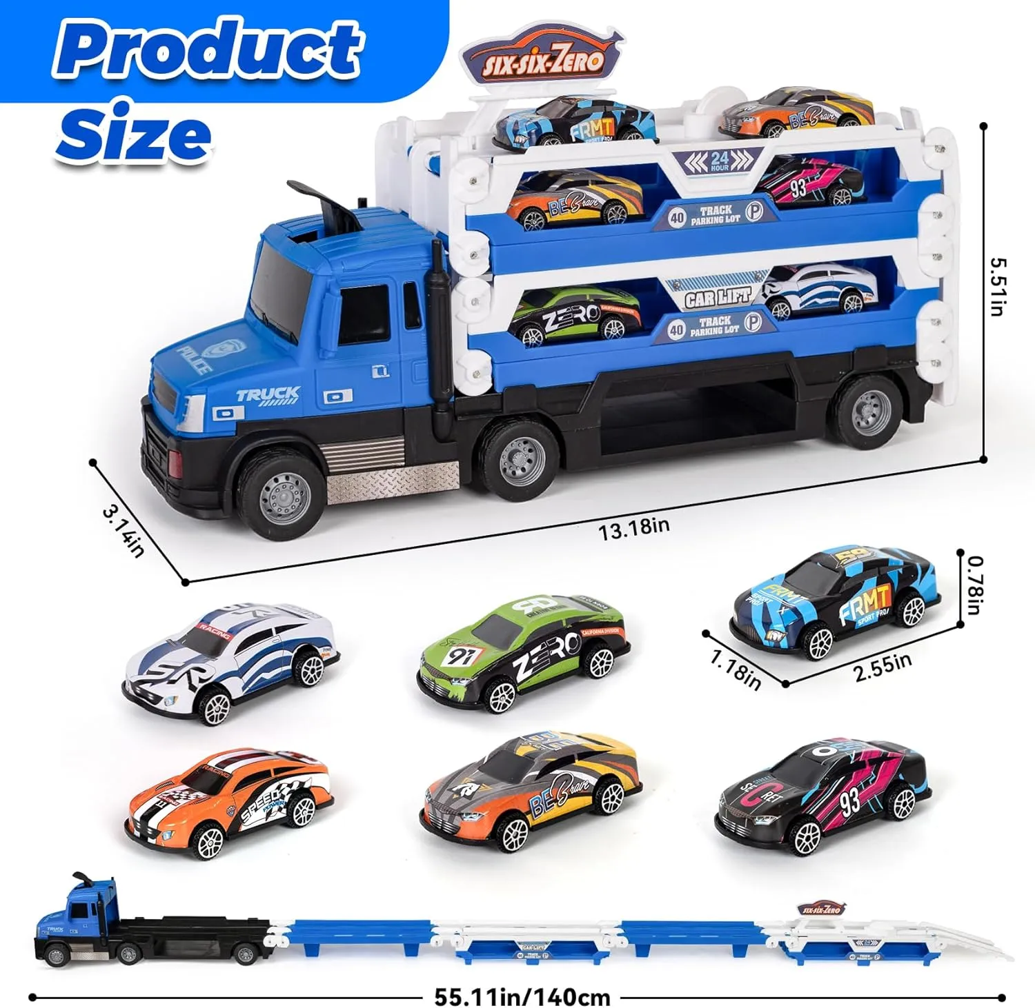 Toddler Car Carrier Truck Toys with 55-Inch Foldable Race Track,Light&Sound,6 Toy Cars in, Ejection Race Mode, Best Christmas Birthday Gift for 3 4 5 6 Boys Kids (Blue)