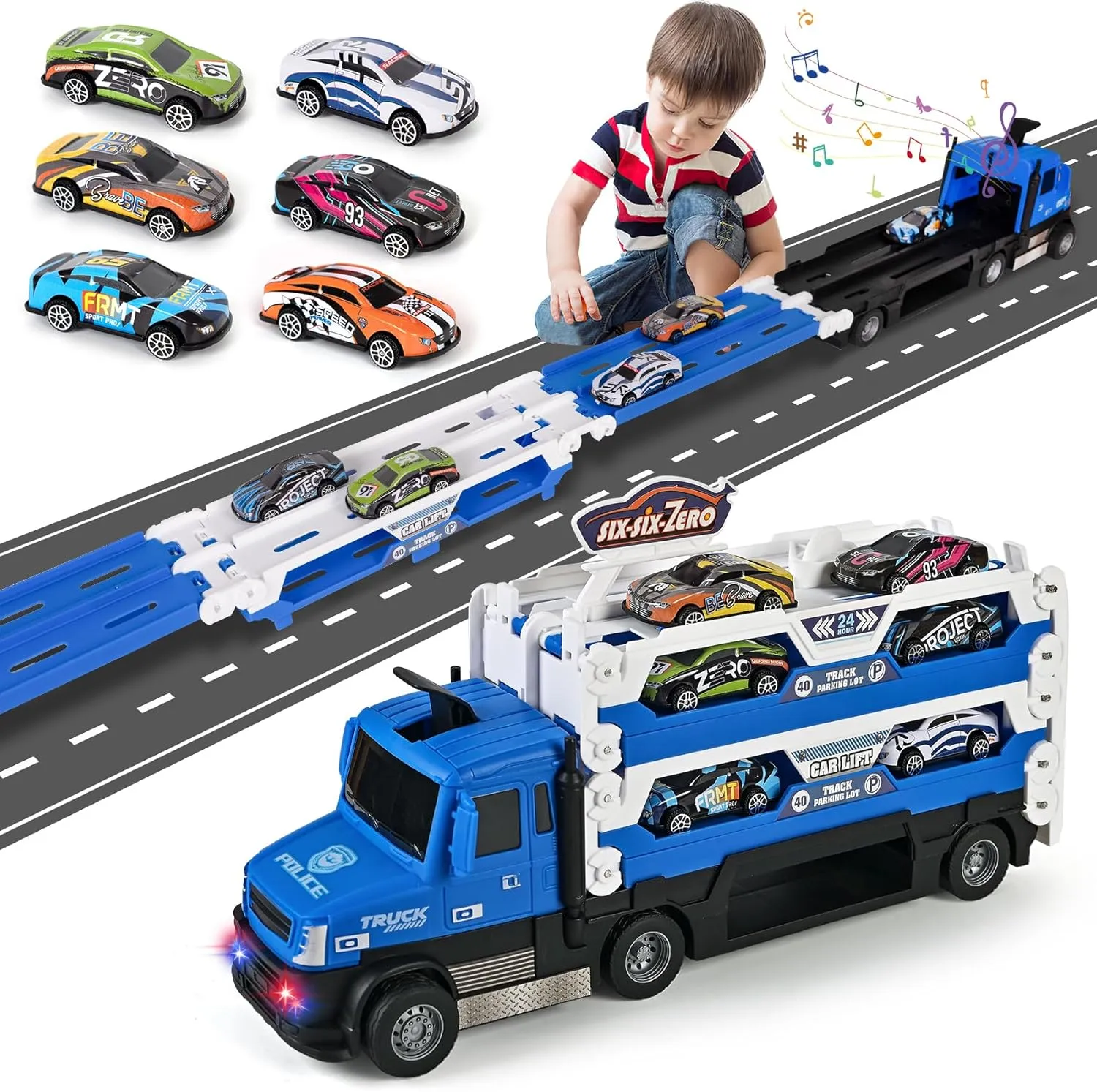 Toddler Car Carrier Truck Toys with 55-Inch Foldable Race Track,Light&Sound,6 Toy Cars in, Ejection Race Mode, Best Christmas Birthday Gift for 3 4 5 6 Boys Kids (Blue)