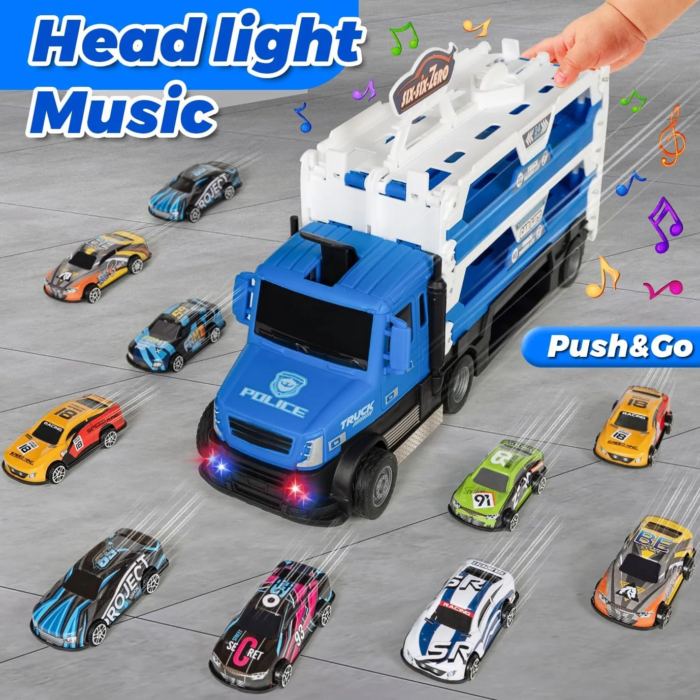 Toddler Car Carrier Truck Toys with 55-Inch Foldable Race Track,Light&Sound,6 Toy Cars in, Ejection Race Mode, Best Christmas Birthday Gift for 3 4 5 6 Boys Kids (Blue)