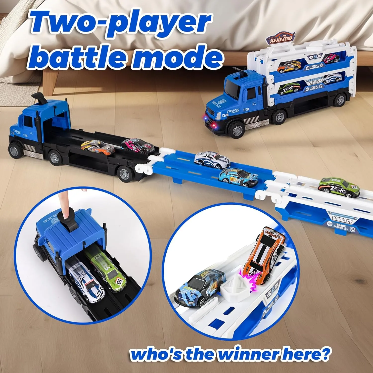 Toddler Car Carrier Truck Toys with 55-Inch Foldable Race Track,Light&Sound,6 Toy Cars in, Ejection Race Mode, Best Christmas Birthday Gift for 3 4 5 6 Boys Kids (Blue)