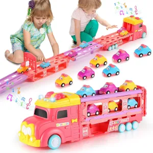 Toddler Truck & Cars Toys for 2 3 4 5 6 7 Year Old Girl Birthday Gift, 2 Player Deformating Race Track Game, Princess Push Transport Truck and 6 Cars with Lights & Sound for Kids (Large)