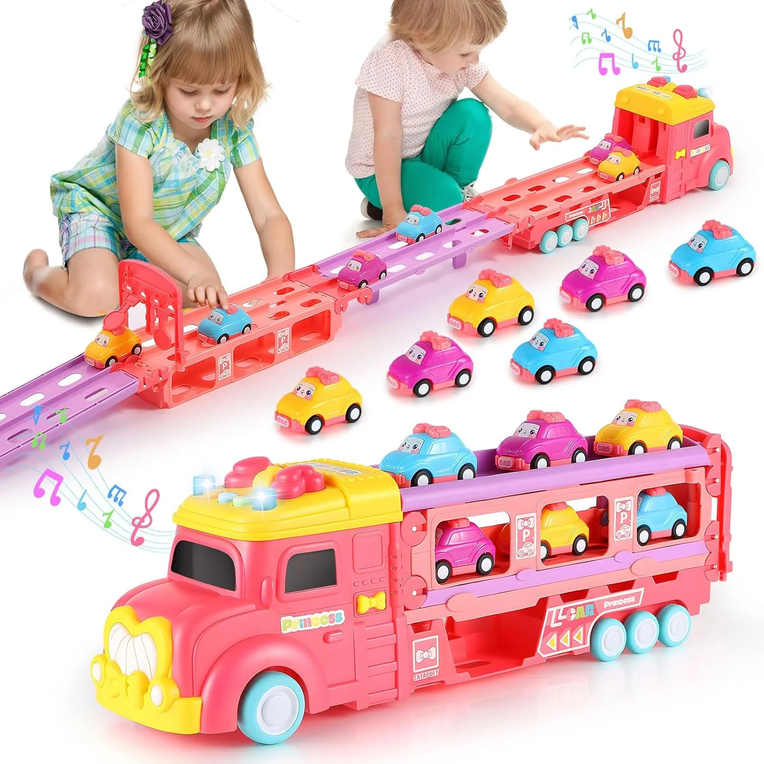 Toddler Truck & Cars Toys for 2 3 4 5 6 7 Year Old Girl Birthday Gift, 2 Player Deformating Race Track Game, Princess Push Transport Truck and 6 Cars with Lights & Sound for Kids (Large)
