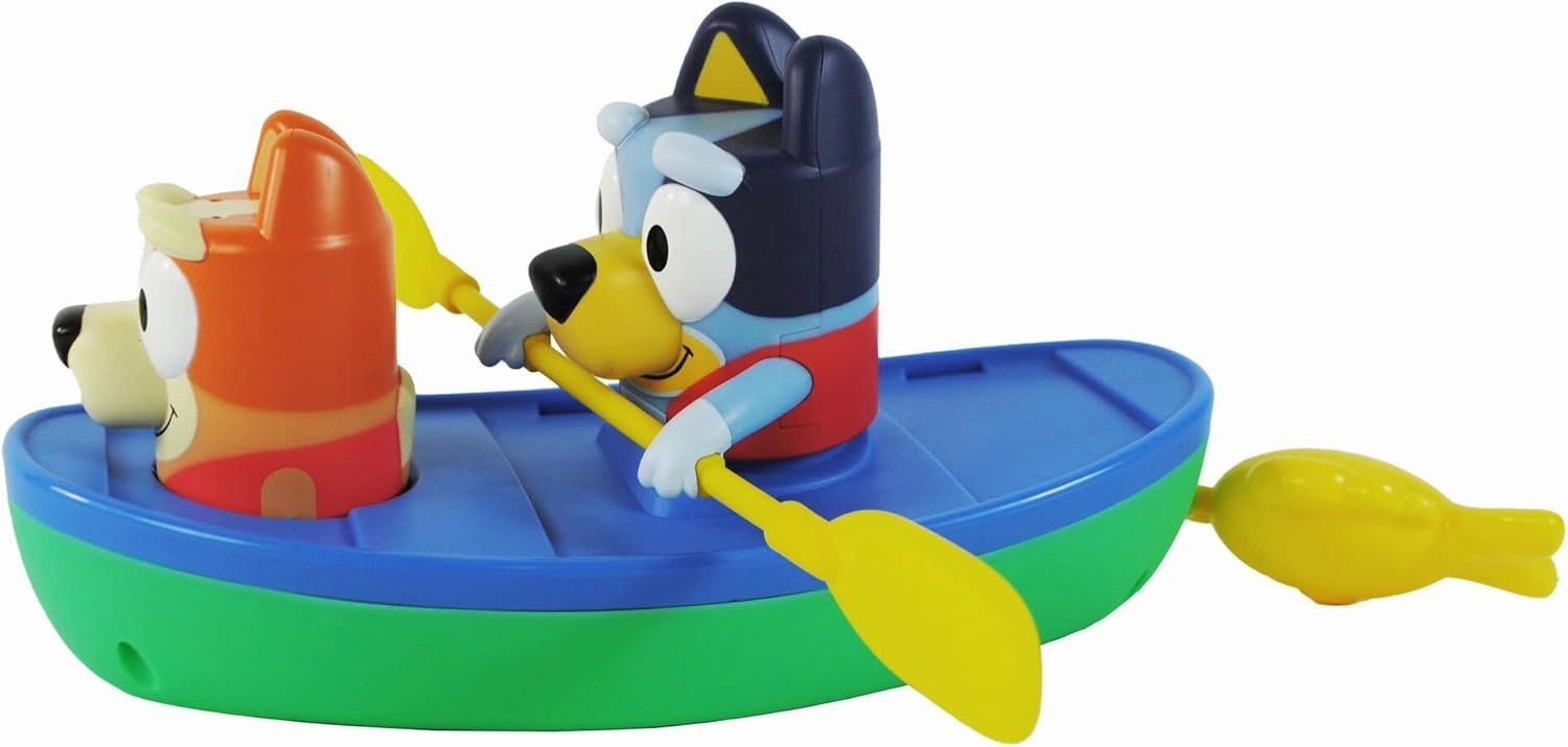 TOMY Toomies Bluey Pull and Go Canoe - Pull String Helps Bluey Paddle Through Water - Includes Bingo Bath Toy Pourer - Bluey Toys for Bath - Ages 18 Months and Up